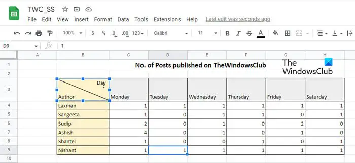 Cell split diagonally in Google Sheets with drawing tool