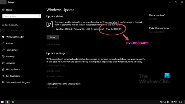 Windows Update Error 0xc0000409