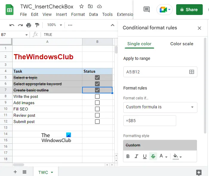 Create a Task List using checkboxes in Google Sheets