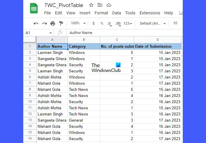 Creating a database for the pivot table